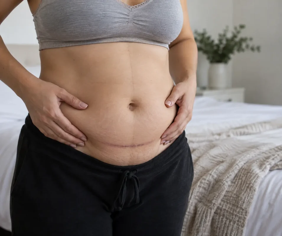 Mujer mostrando abdomen posparto con cicatriz de cesárea, flacidez y volumen abdominal - Dr. David Delgado - Medellín, Colombia
