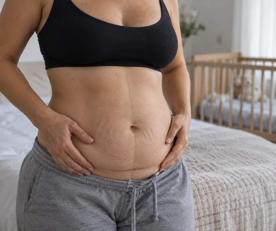Mujer mostrando abdomen posparto con flacidez, volumen abdominal y cambios naturales después del embarazo - Dr. David Delgado - Medellín, Colombia
