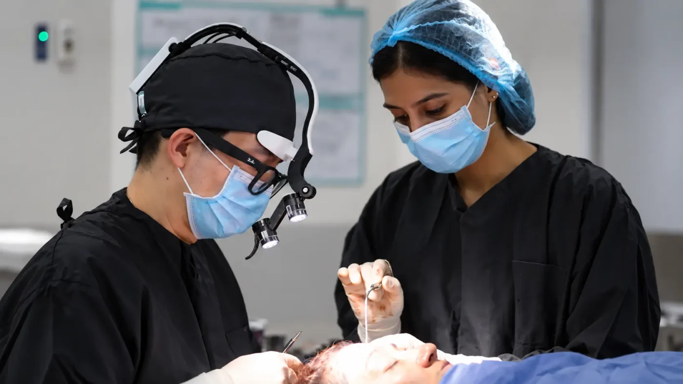 Dr. David Delgado and his surgical team performing forehead reduction surgery (hairline lowering) in Medellín, Colombia